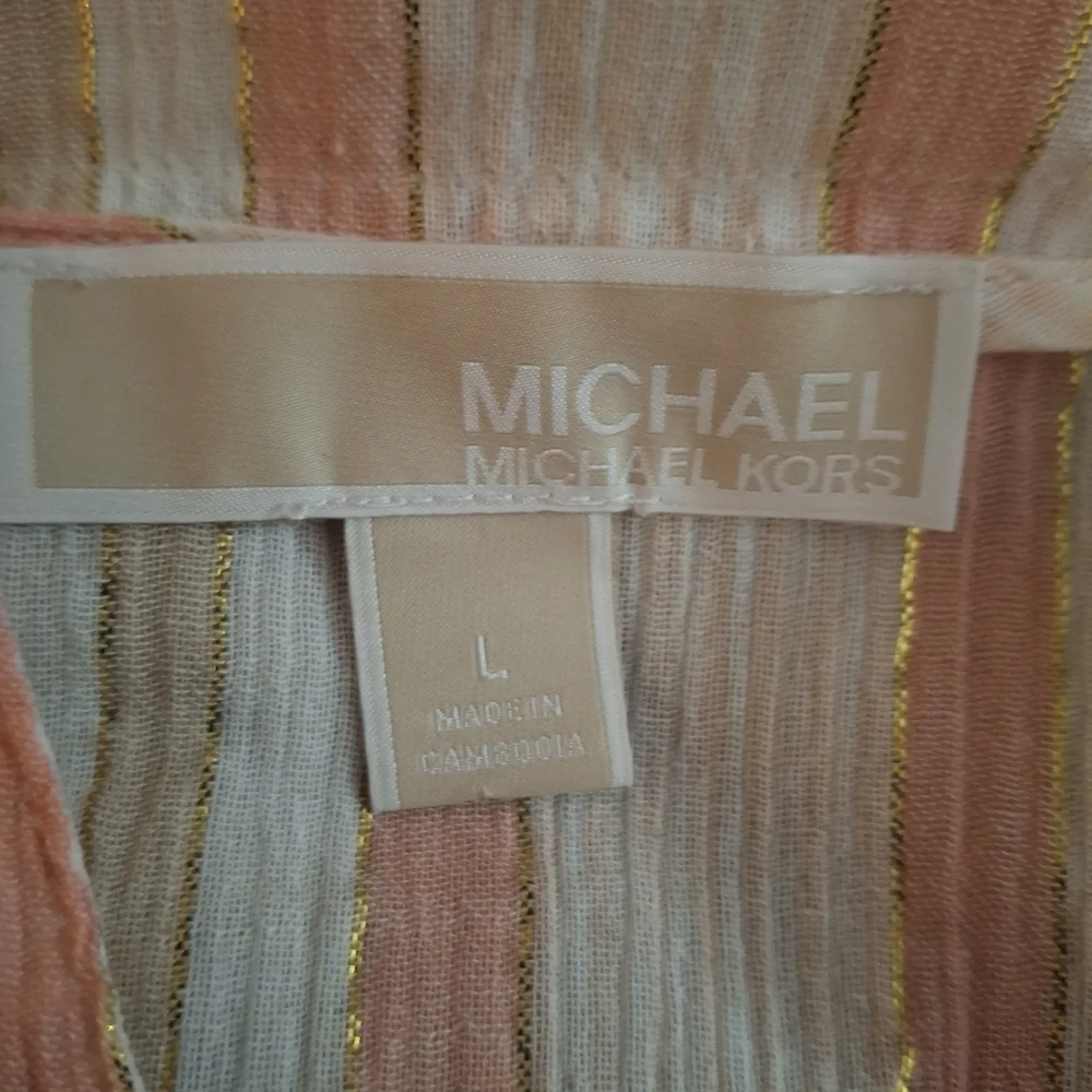 Michael Kors Women's Striped Sheer Pink, White, and Tan Blouse